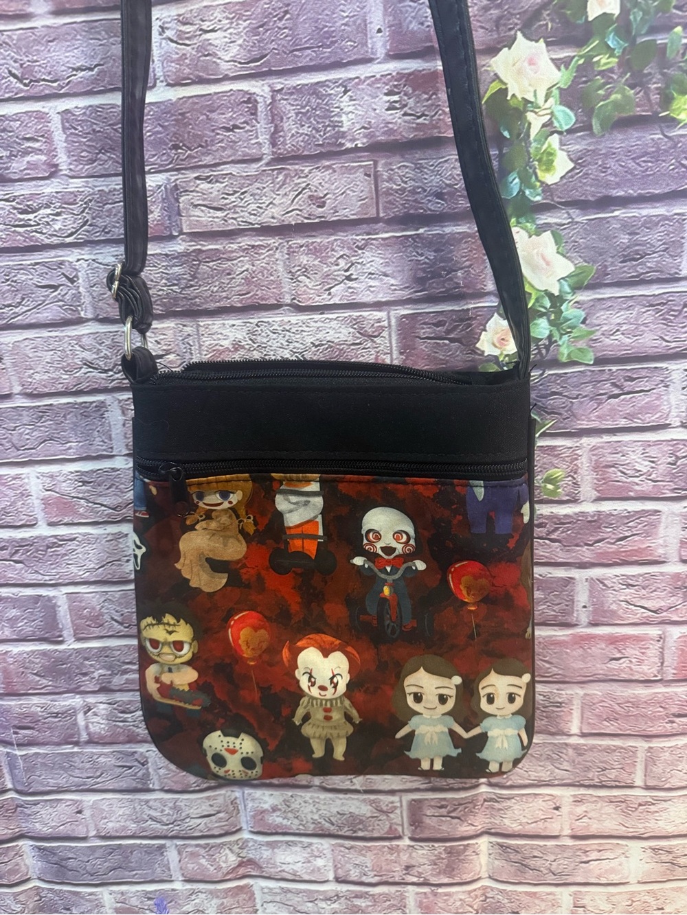 Cute Horror Character Crossbody Bag – Black and Red Character Print